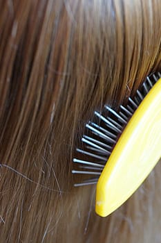 woman combing red hair, close-up rear view