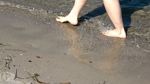 Young female feet walking in the shallow water at a baltic sea beach