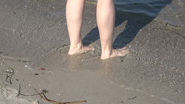 Young female feet walking in the shallow water at a baltic sea beach