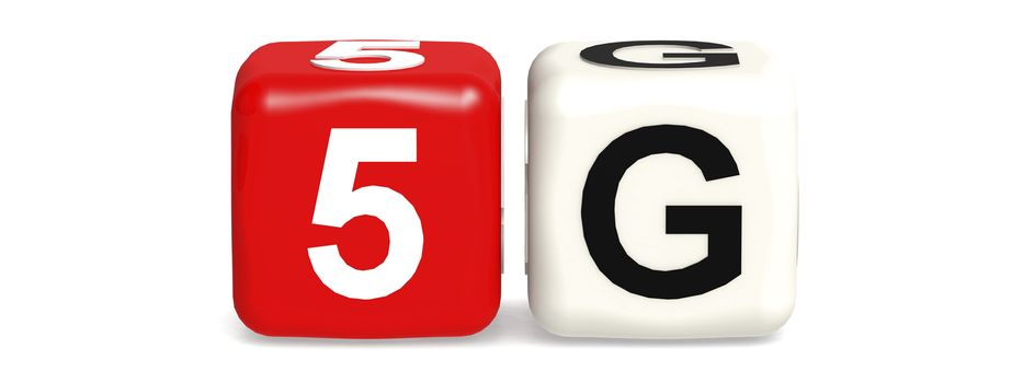 Red and white 5G cube, 3D rendering