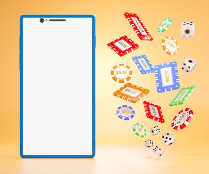 The dice and gambling chips flying in the air next to the blue mobile phone on an orange background. The concept of online casino gambling. 3D rendering illustration.