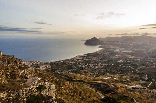 The natural reserve of Mount Cofano on the Sicilian coast is seen from the city of erice