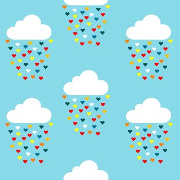 Seamless pattern with clouds and colored hearts rain