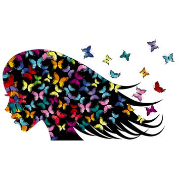 Profile of a girl with colored butterflies