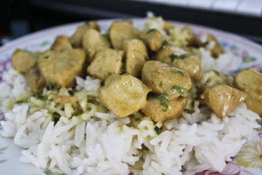 Lunch plate white rice and chicken fillet pieces in curry sauce.