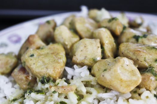 Lunch plate white rice and chicken fillet pieces in curry sauce.