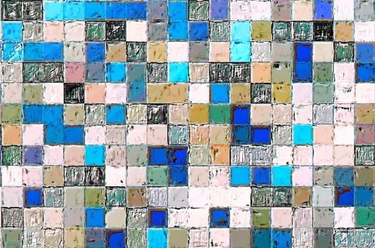 Background of multicolored squares. Square wall texture. Old mosaic tiles