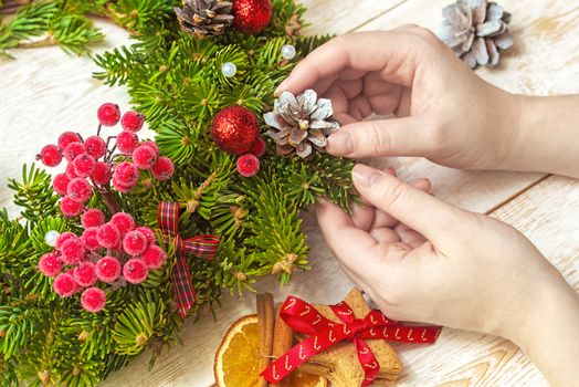 Christmas crafts. Christmas decorations on wooden background