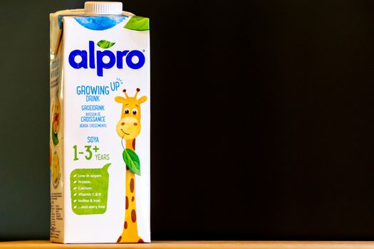 Antwerp, Belgium, September 2020: Illustrative Editorial: Alpro Growing Up drink, plant based toddler and baby milk. Fully Vegan, Diary free.