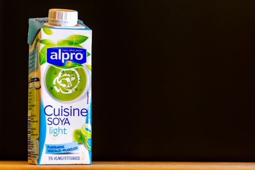 Antwerp, Belgium, September 2020: Illustrative Editorial: Alpro Cuisine Soy light cream. Fully vegan and plant based. Label in Dutch, French and German language