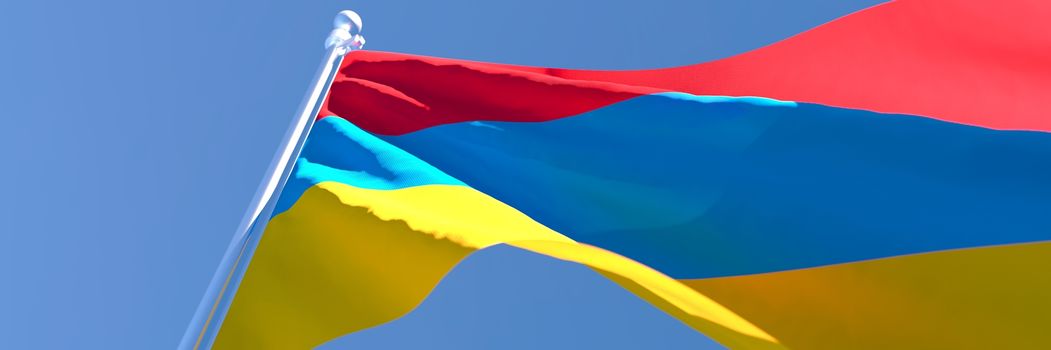 3D rendering of the national flag of Armenia waving in the wind against a blue sky.