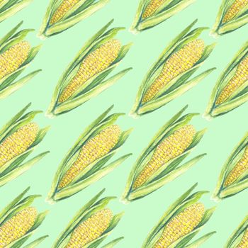 Seamless Pattern of corn cobs with leaves on green background. Eco vegetables plants. Shop design, healthy lifestyle, packaging, textile. Hand drawn watercolor illustration. Botanical realistic art.