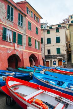 Boats are brought on sure in the harbour of Vernazza in Cinque Terre, Italy