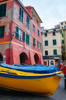 Boats are brought on sure in the harbour of Vernazza in Cinque Terre, Italy