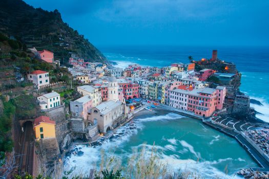 Coastal view on a clear winter's evening over Vernazza in Cinque Terre, Italy