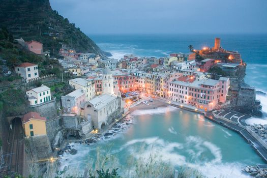 Coastal view on a clear winter's evening over Vernazza in Cinque Terre, Italy