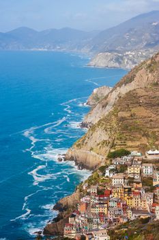 Coastal view on a clear winter's day over Riomaggiore in Cinque Terre, Italy