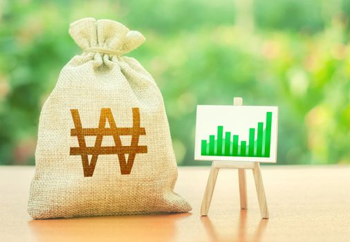 South korean won money bag and easel with green positive growth graph. Economic development. Deposits profitability. Recovery and growth economy, good investment attractiveness.