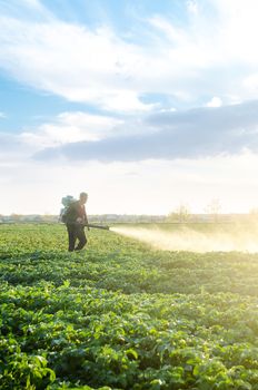 A farmer with a mist sprayer blower processes the potato plantation from pests and fungus infection. Fumigator fogger. Use chemicals in agriculture. Agriculture and agribusiness. Harvest processing.