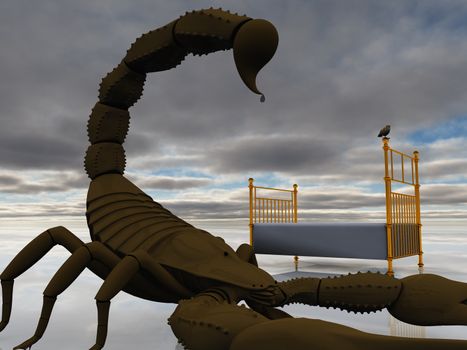 Bed with bird and scorpion. Nightmare dream. 3D rendering