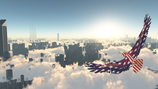 Freedom bird. Eagle flies above megapolis. 3D rendering