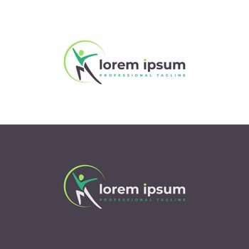 health and physical wellness business vector Logo template with jumping human and letter M incorporated. healthy people symbol