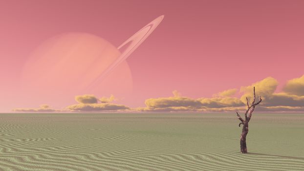 Desert terraformed moon of saturn or exosoalr planet. 3D rendering