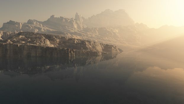 Foggy lake in rocks. 3D rendering