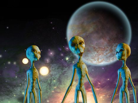 Alien beings and mystic planet. 3D rendering