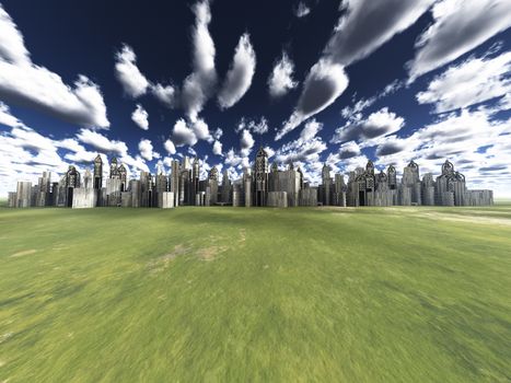 Future City in grassland. Sci fi scene. 3D rendering