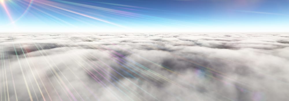 Above clouds sun ray, 3d rendering illustration