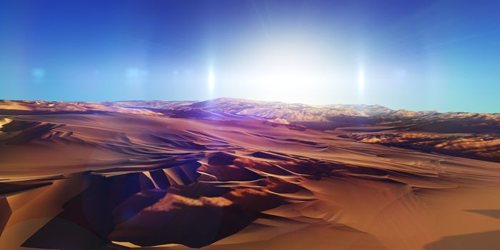 Dunes sunset over the desert. 3d rendering illustration