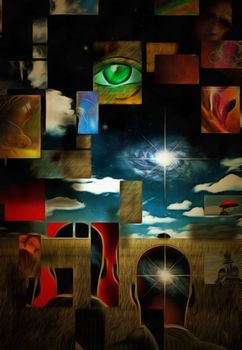 Complex surreal painting. Square elements. Green eye. Different thoughts in men's heads. 3D rendering