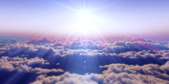 Beautiful aerial view above clouds with sunset. 3d illustration