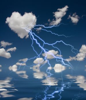 Heart Shaped Cloud With Thunderbolt and Reflection on Water. 3D rendering