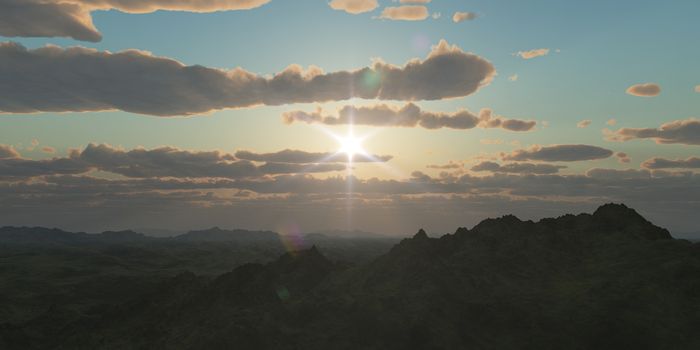 Mountain panorama over the clouds sunset. Computer generated 3D illustration