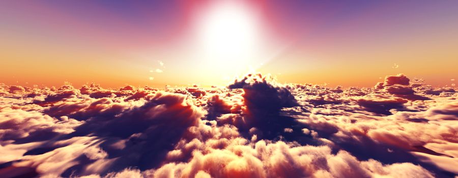 above clouds fly sunset sun ray illustration, 3d render