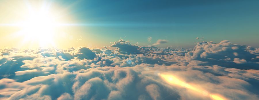 above clouds fly sunset sun ray illustration, 3d render