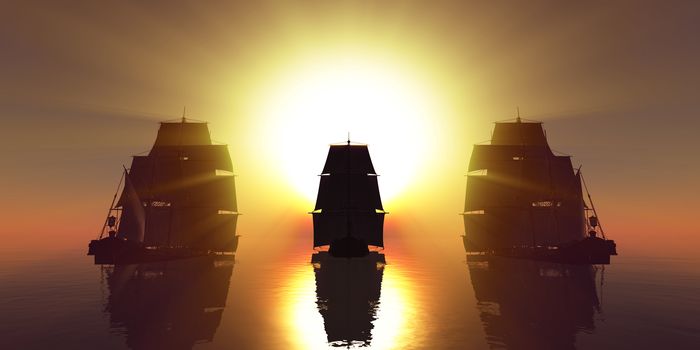 old three ships sunset at sea, 3d rendering illustration