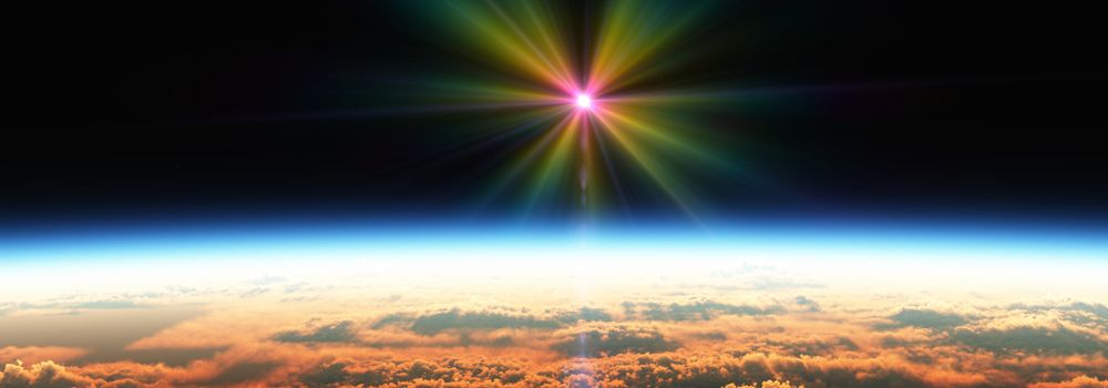 Earth sunrise from space over cloudy ocean. 3d rendering illustration