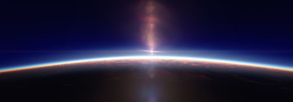 Earth sunrise from space over cloudy ocean. 3d rendering illustration