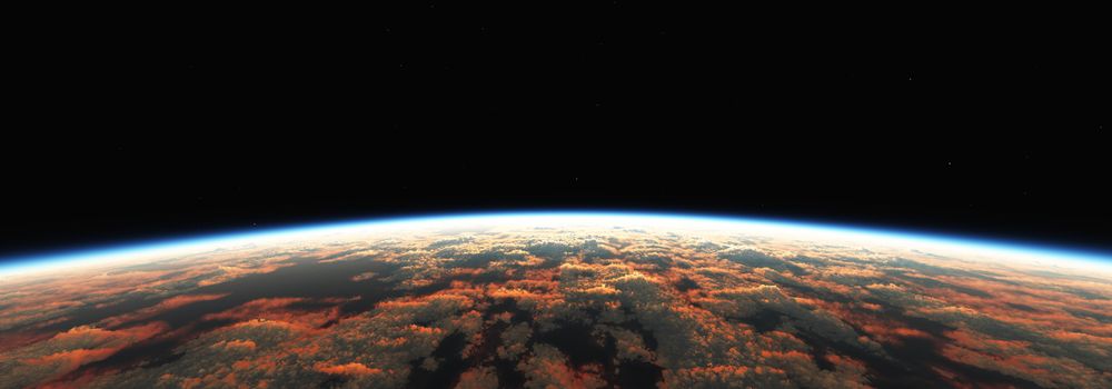 Earth sunrise from space over cloudy ocean. 3d rendering illustration