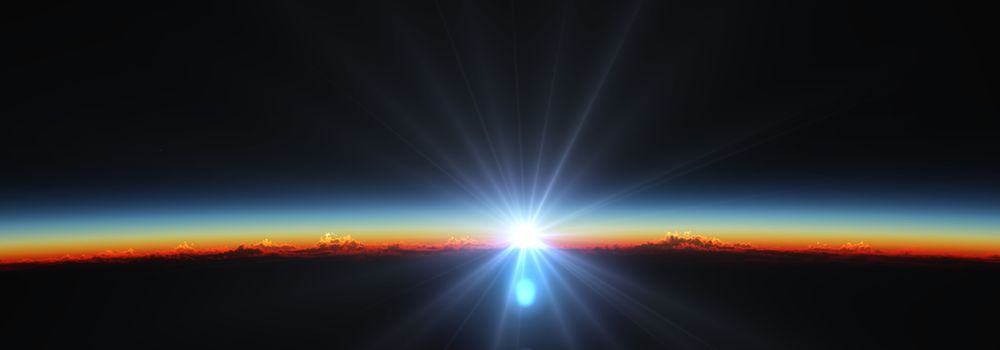 Earth sunrise from space over cloudy ocean. 3d rendering illustration