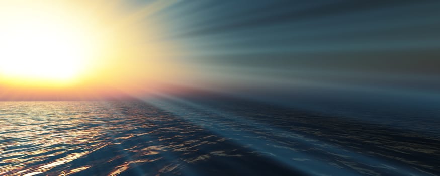 sunset sea sun ray clear sky, 3d rendering illustration