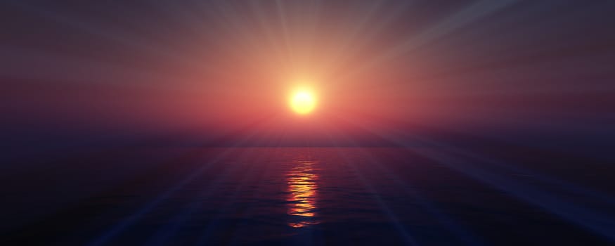 sunset sea sun ray clear sky, 3d rendering illustration