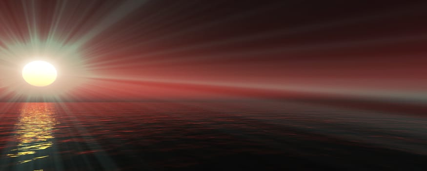 sunset sea sun ray clear sky, 3d rendering illustration