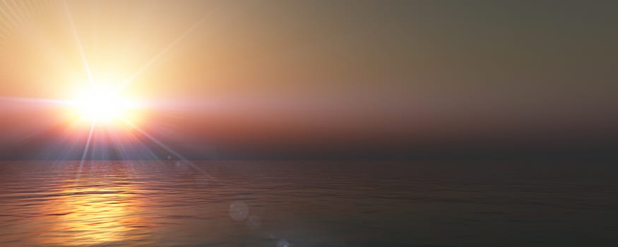 sunset sea sun ray clear sky, 3d rendering illustration