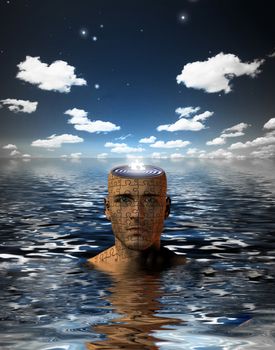 Man immersed in water with glowing puzzle piece in opened mind. 3D rendering