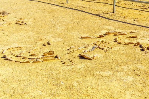 View of primitive mosaics in the Leopard Temple of Uvda, a 7000-year-old temple in the Negev desert, southern Israel