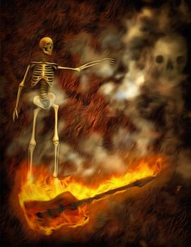 Skeleton on burning bass guitar. 3D rendering